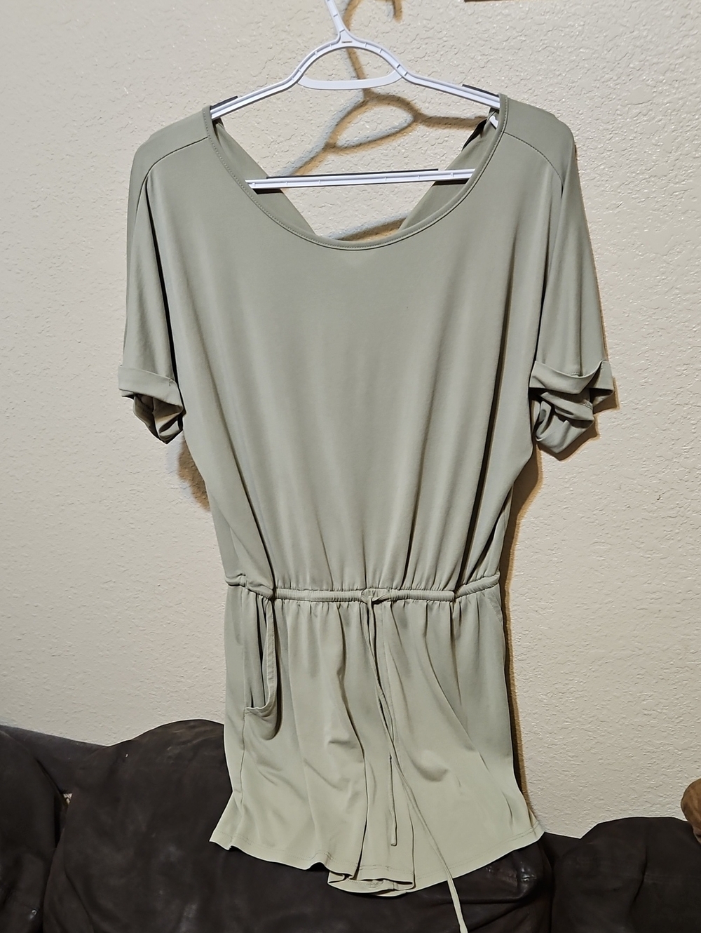 Women's Olive Green Short Sleeve Drawstring Romper